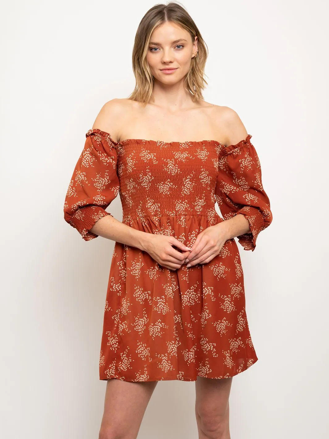 WOMEN'S BARLEY PRINT SMOCKING MINI DRESS