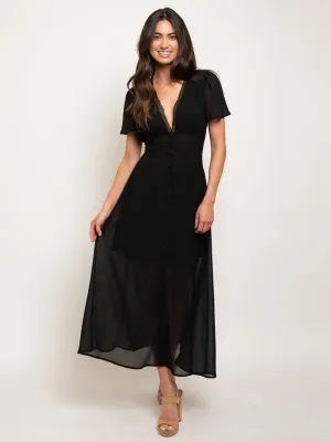 WOMEN'S FLUTTER SLEEVE SMOCKED V-NECK LACE MAXI DRESS