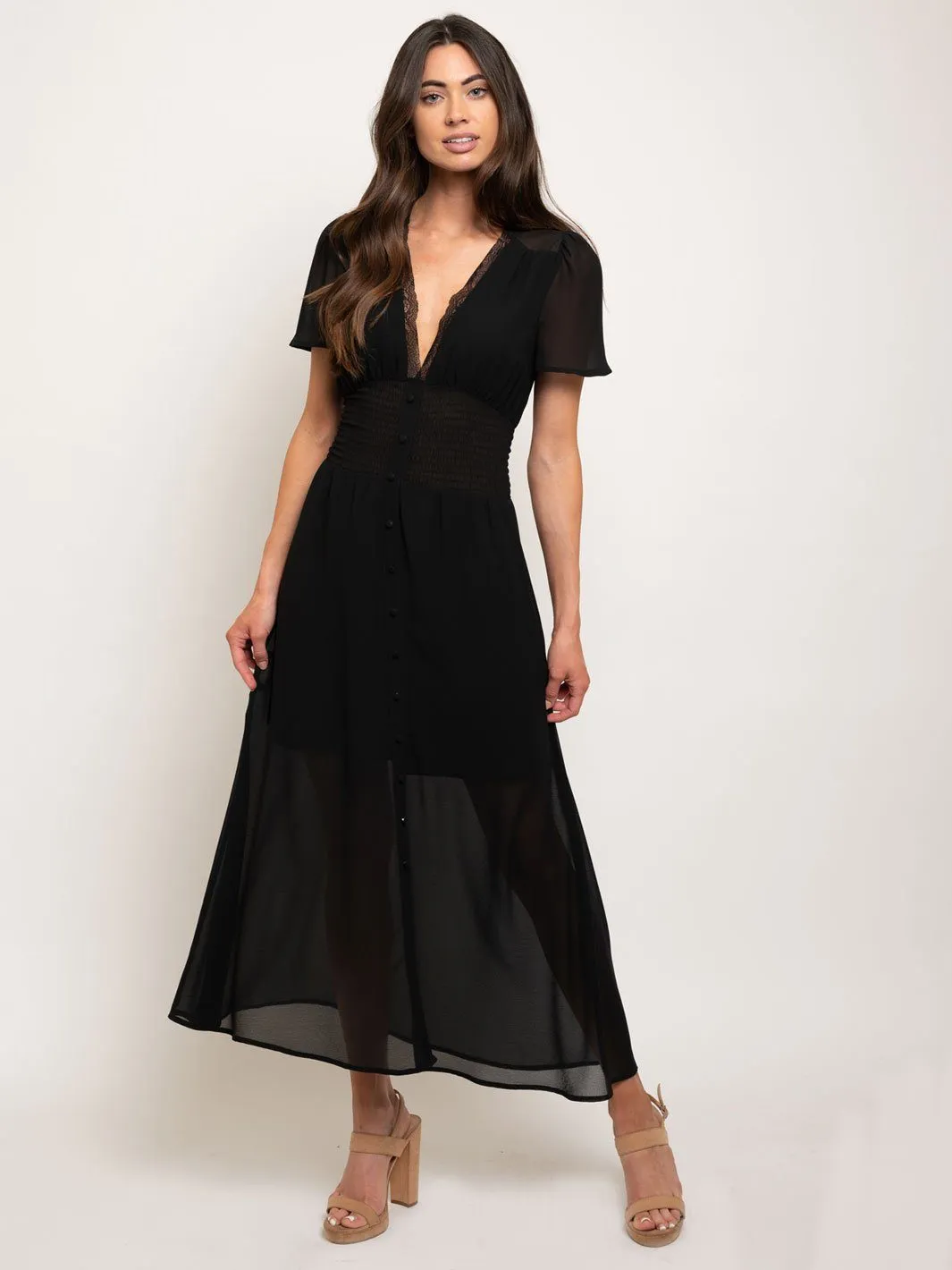 WOMEN'S FLUTTER SLEEVE SMOCKED V-NECK LACE MAXI DRESS