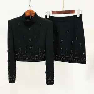 Women's Formal Skirt Suit Fitted Diamonds Pearls Decoration Short Crop Jacket   Mini Skirt Suit