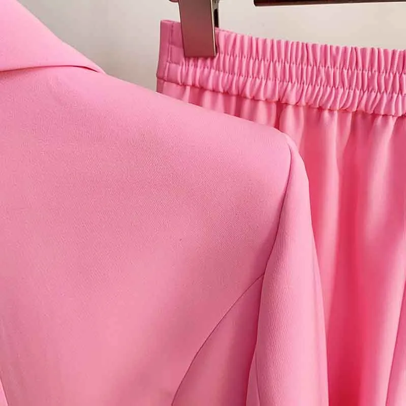 Womens Hot Pink Pantsuit Blazer   High Waist Nine-Point Suit Pants
