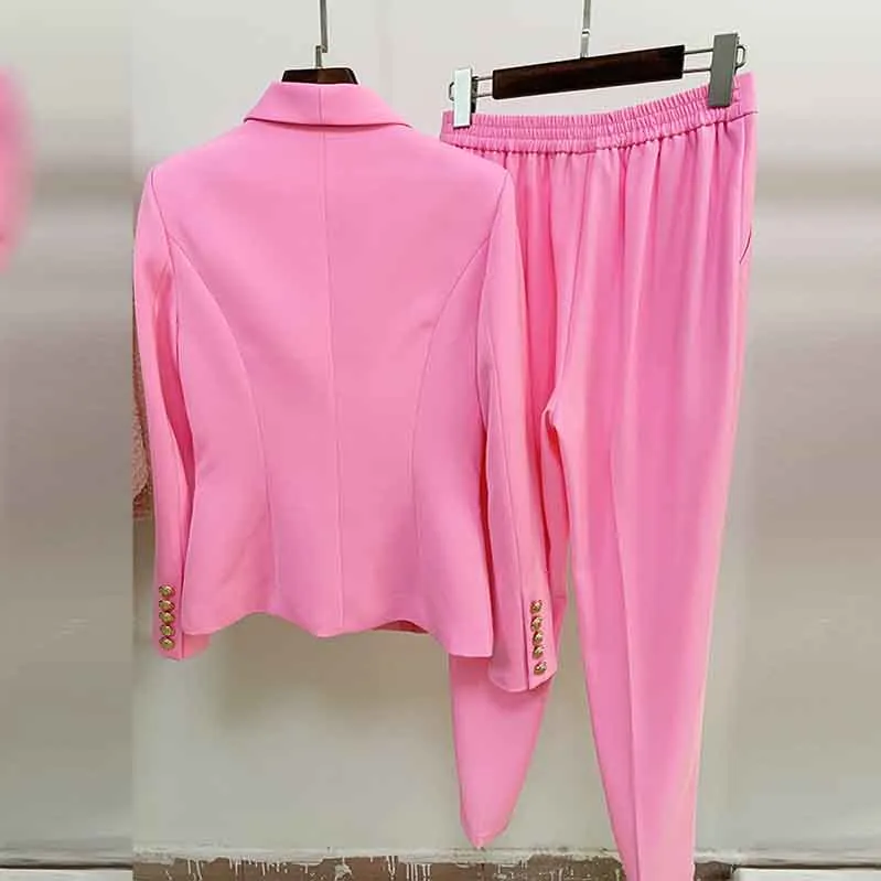 Womens Hot Pink Pantsuit Blazer   High Waist Nine-Point Suit Pants