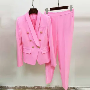 Womens Hot Pink Pantsuit Blazer   High Waist Nine-Point Suit Pants
