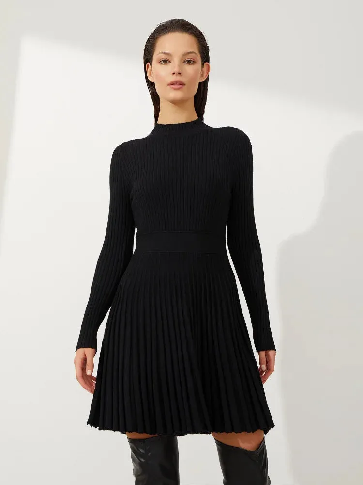 Women's Knitted Casual High Waisted O-neck Pleated Dress