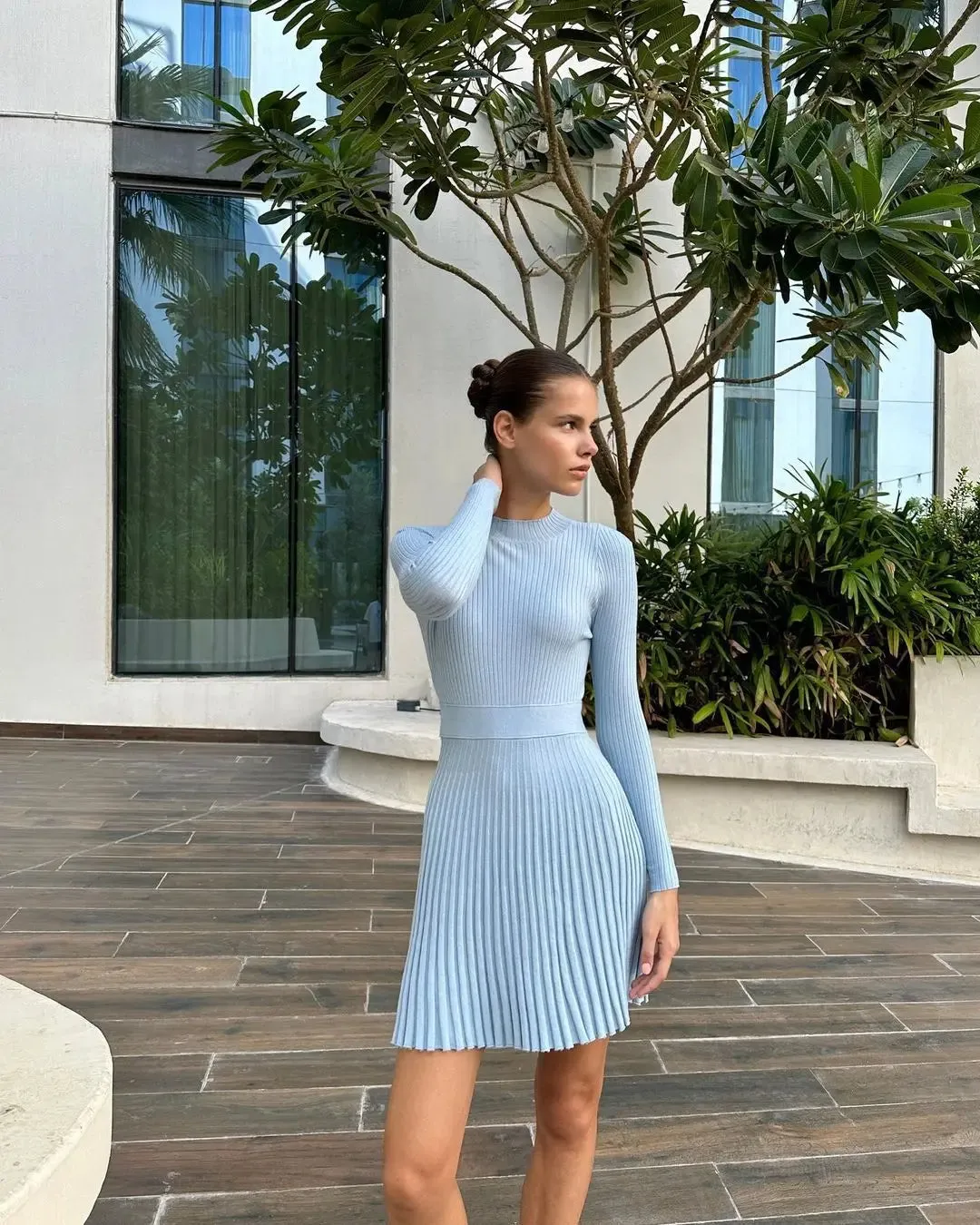 Women's Knitted Casual High Waisted O-neck Pleated Dress