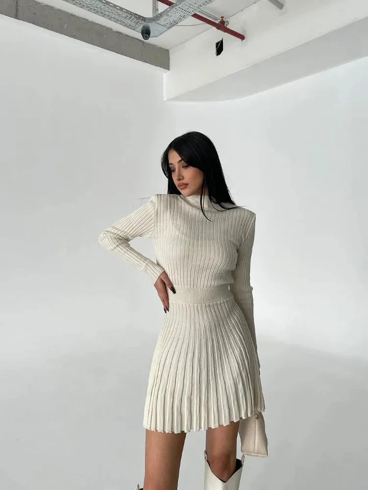 Women's Knitted Casual High Waisted O-neck Pleated Dress