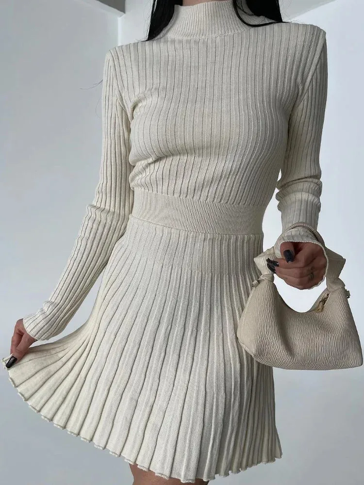 Women's Knitted Casual High Waisted O-neck Pleated Dress