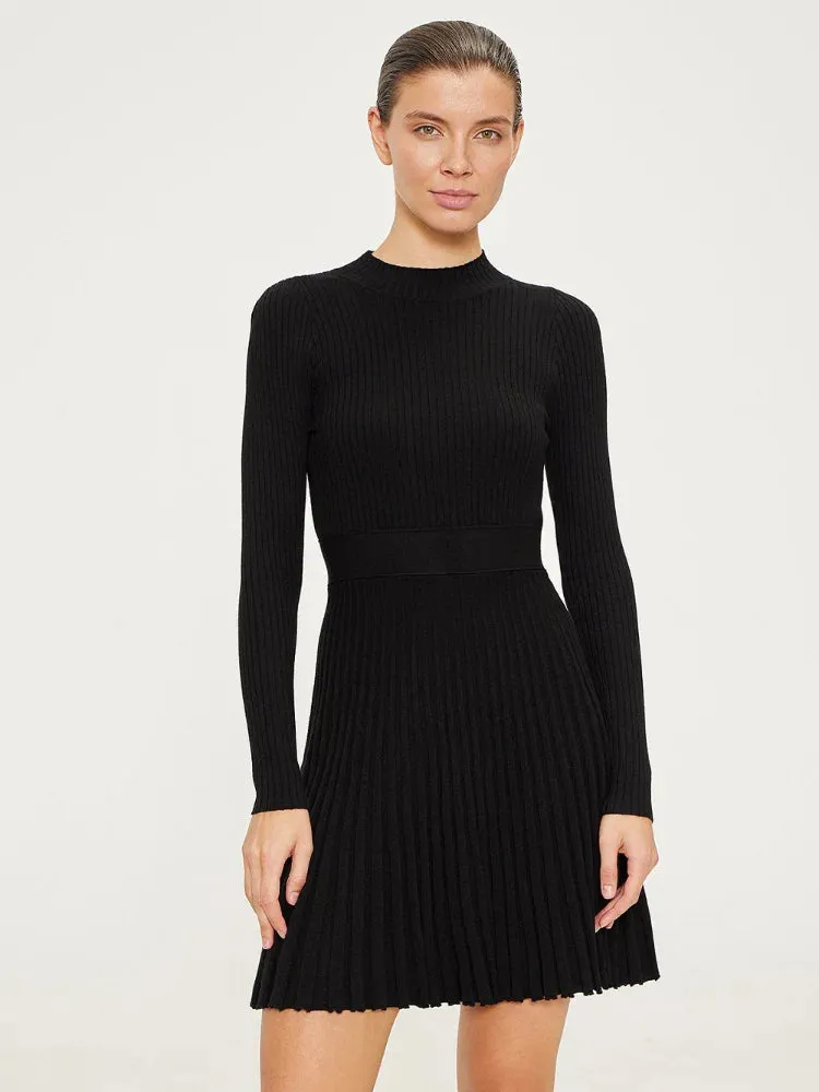 Women's Knitted Casual High Waisted O-neck Pleated Dress
