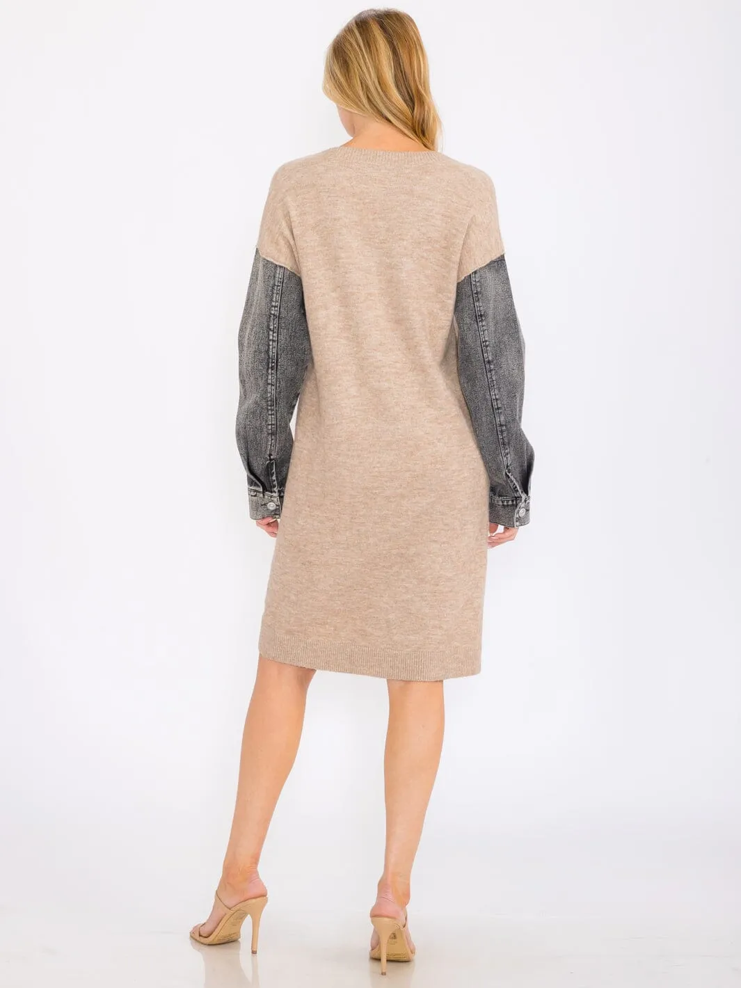 WOMEN'S LONG DENIM SLEEVES V-NECK MIDI SWEATER DRESS