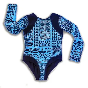 Womens Long-Sleeve Coolie-Kini ~ Matamua Print - Cabo Blue / Navy