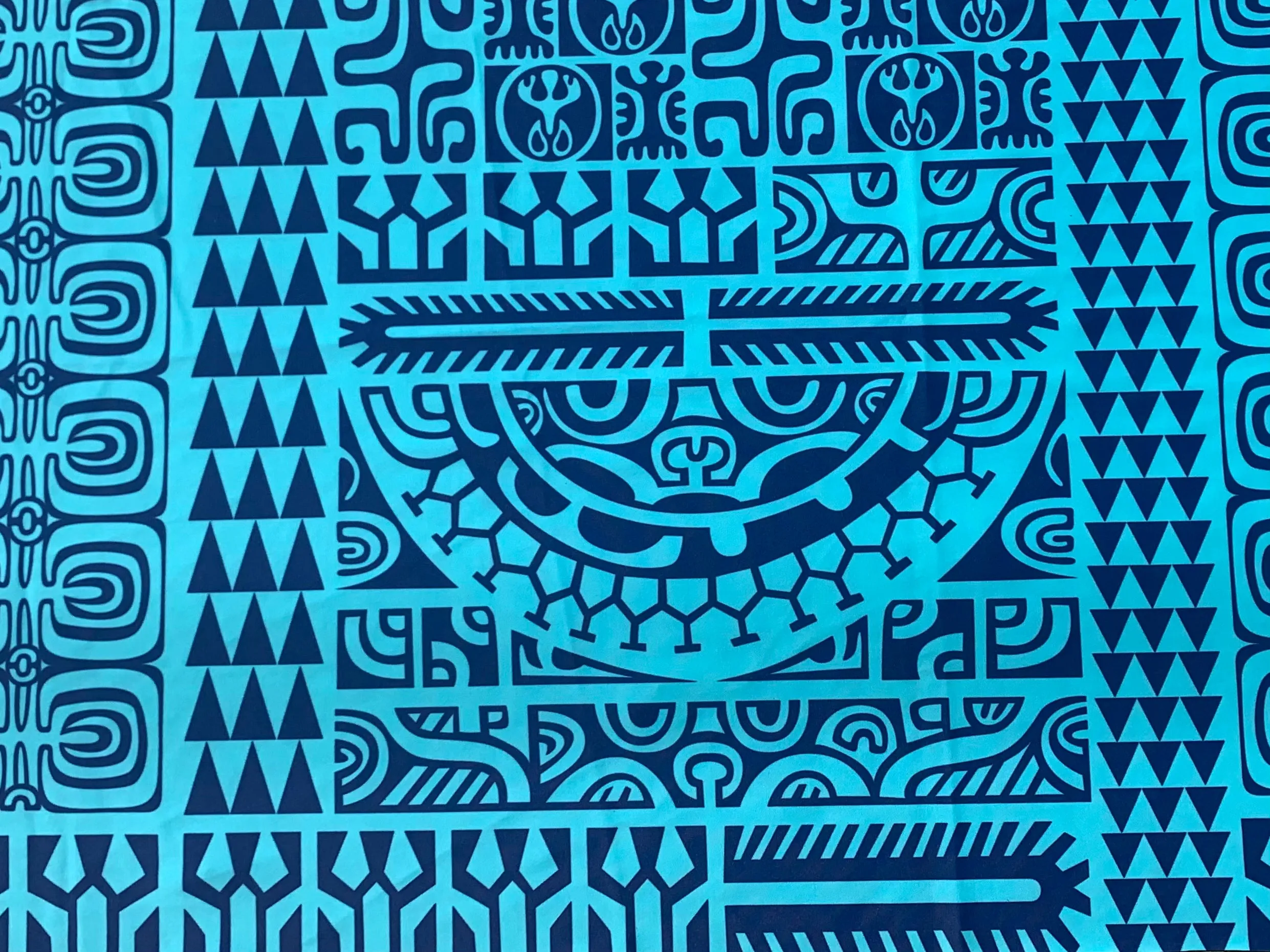 Womens Long-Sleeve Coolie-Kini ~ Matamua Print - Cabo Blue / Navy