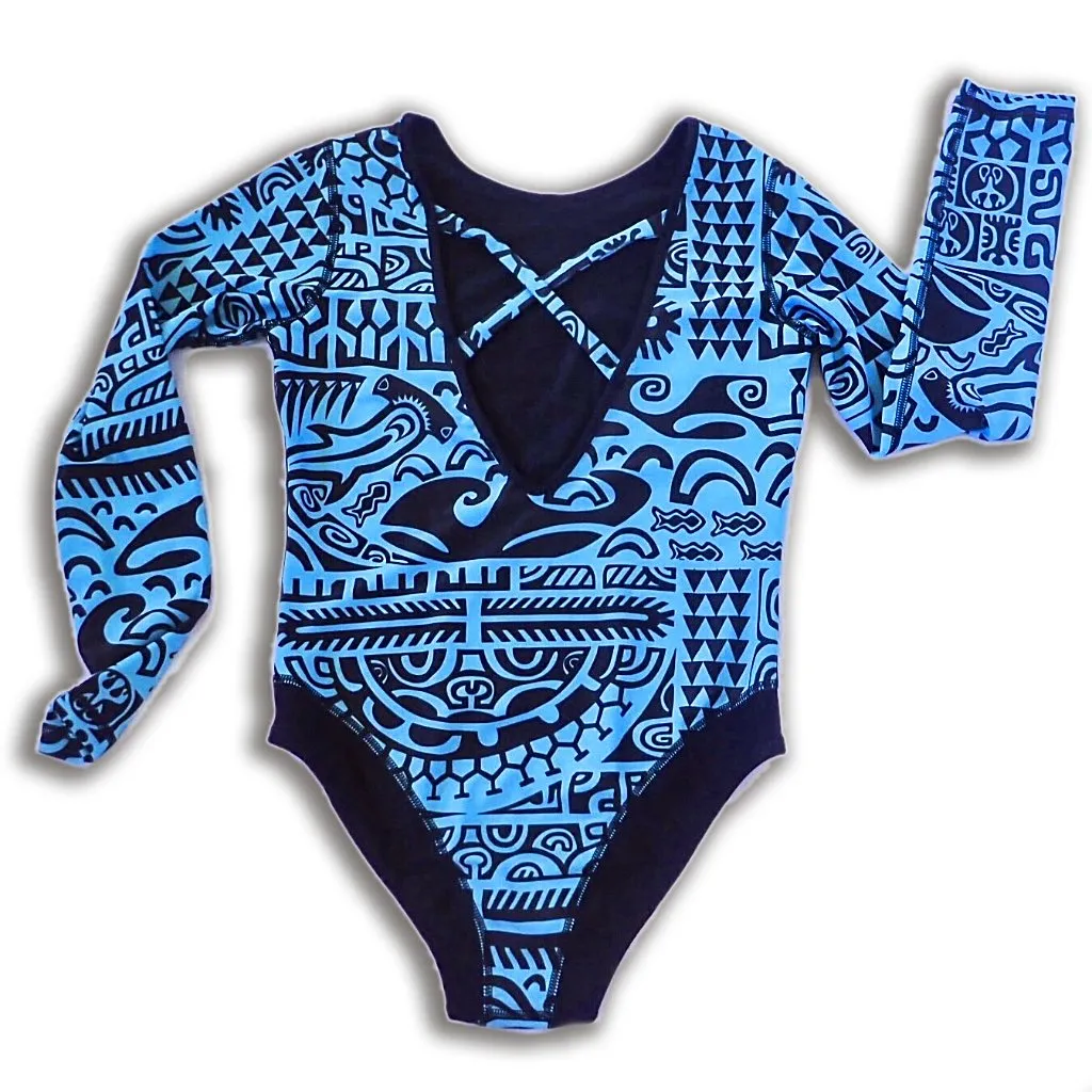Womens Long-Sleeve Coolie-Kini ~ Matamua Print - Cabo Blue / Navy