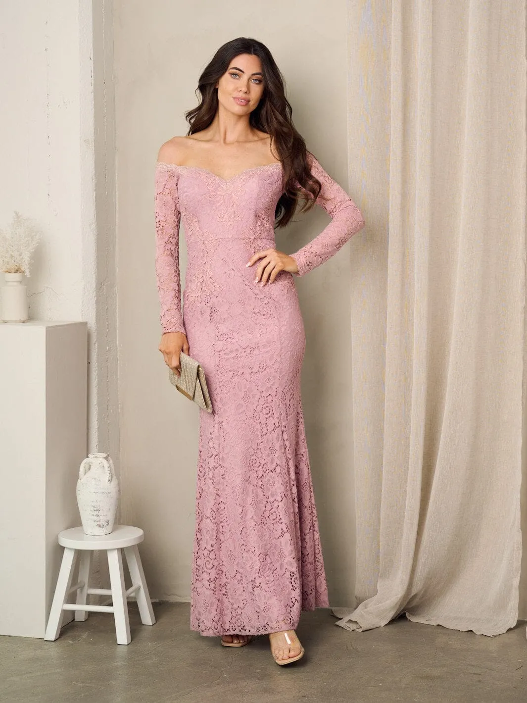 WOMEN'S LONG SLEEVE OFF SHOULDER BODYCON MAXI GOWN DRESS