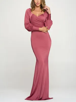 WOMEN'S LONG SLEEVE V-NECK BODYCON MAXI GOWN DRESS