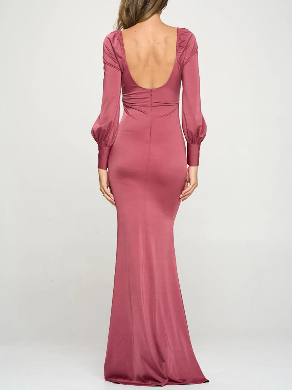 WOMEN'S LONG SLEEVE V-NECK BODYCON MAXI GOWN DRESS