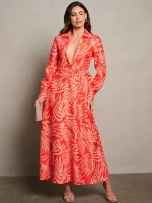 WOMEN'S LONG SLEEVE V-NECK LEAF PRINT MAXI DRESS