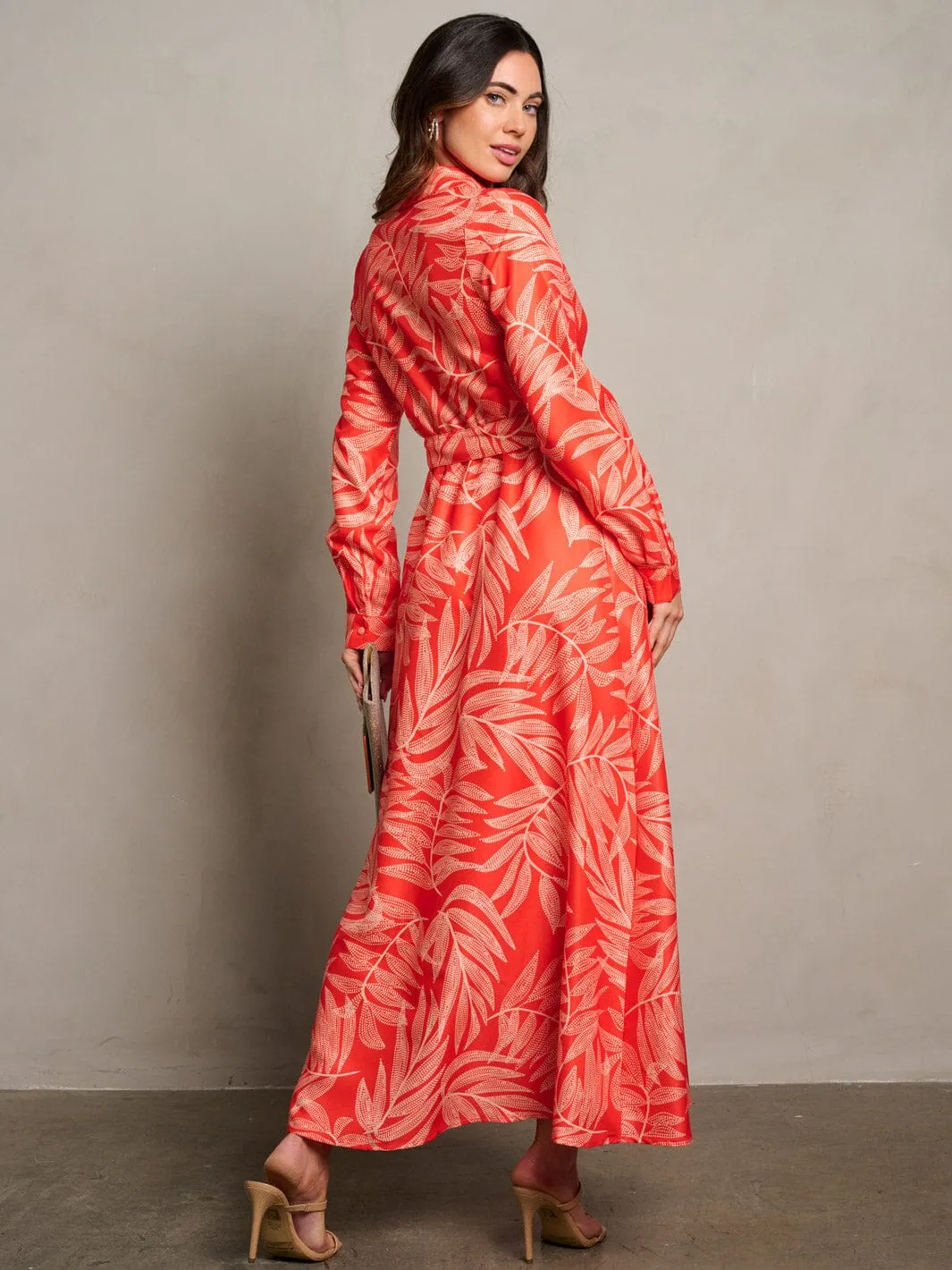 WOMEN'S LONG SLEEVE V-NECK LEAF PRINT MAXI DRESS
