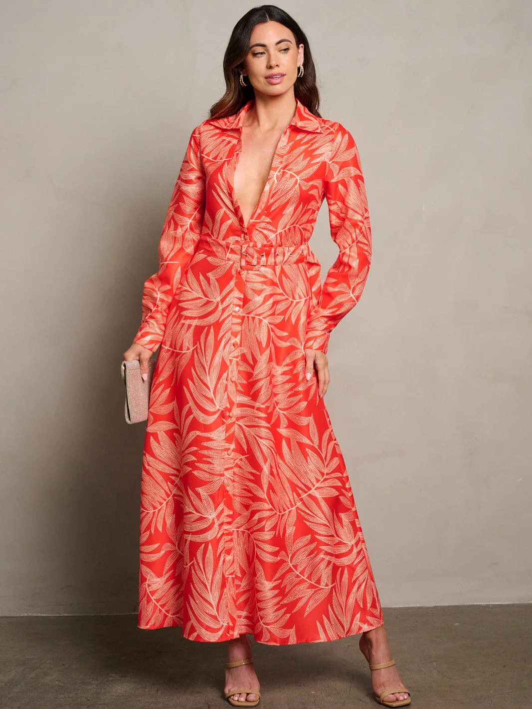 WOMEN'S LONG SLEEVE V-NECK LEAF PRINT MAXI DRESS