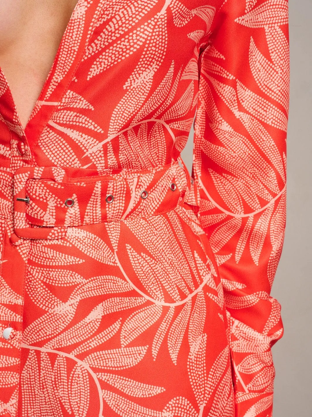 WOMEN'S LONG SLEEVE V-NECK LEAF PRINT MAXI DRESS
