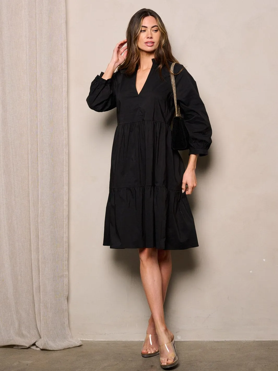 WOMEN'S LONG SLEEVE V-NECK TIERED MINI DRESS