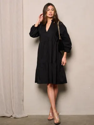 WOMEN'S LONG SLEEVE V-NECK TIERED MINI DRESS