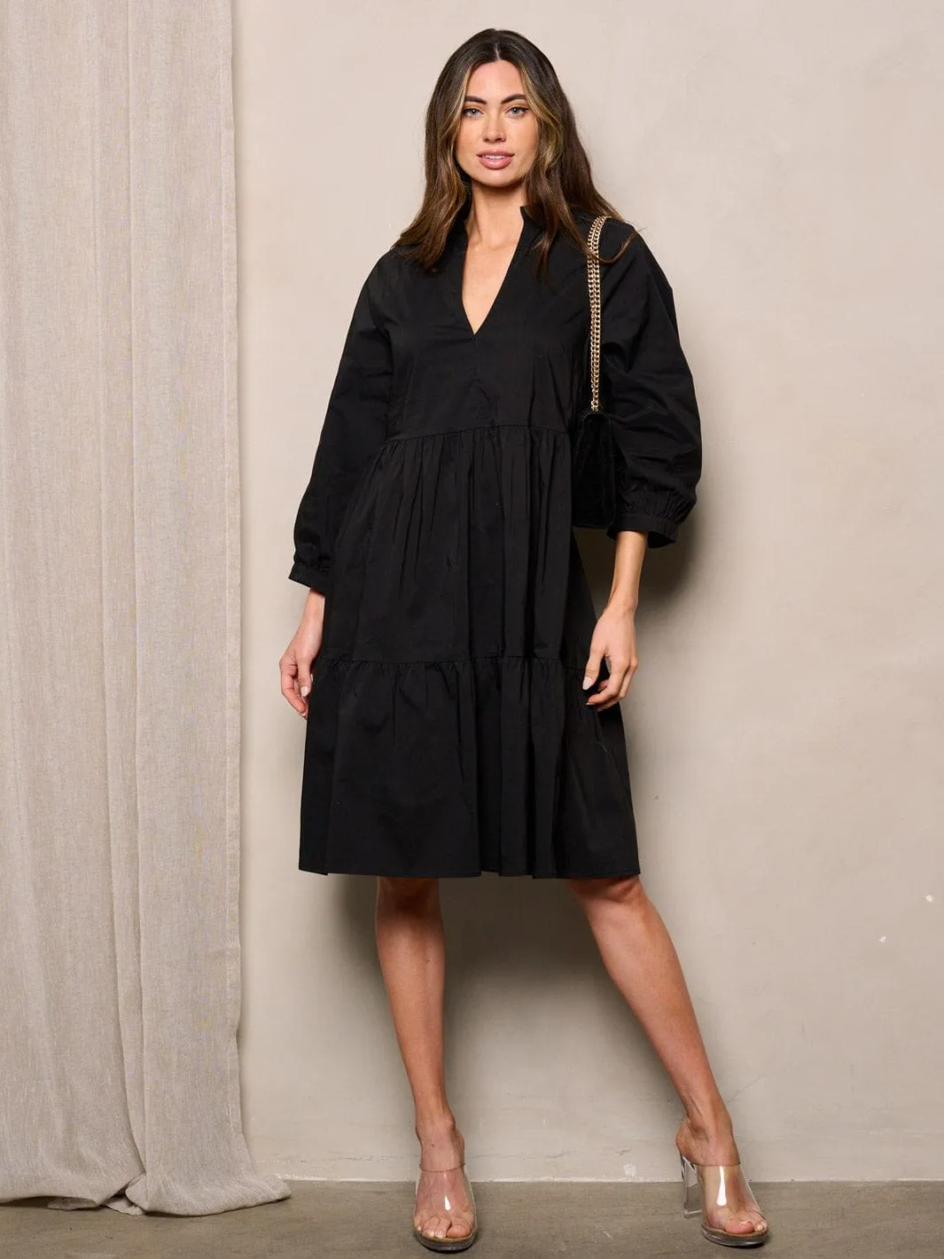 WOMEN'S LONG SLEEVE V-NECK TIERED MINI DRESS