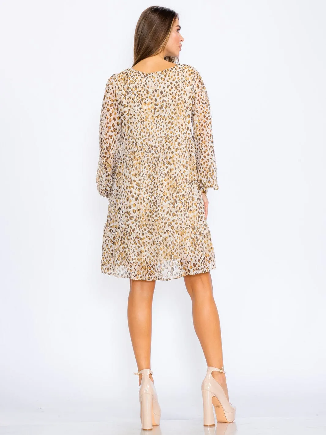 WOMEN'S LONG SLEEVES V-NECK TUNIC  ANIMAL PRINT TUNIC MINI DRESS