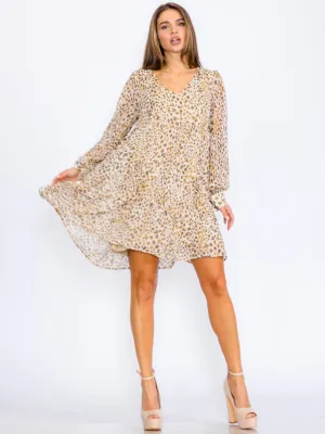 WOMEN'S LONG SLEEVES V-NECK TUNIC  ANIMAL PRINT TUNIC MINI DRESS