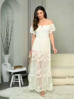 WOMEN'S OFF SHOULDER ALL OVER LACE MAXI DRESS