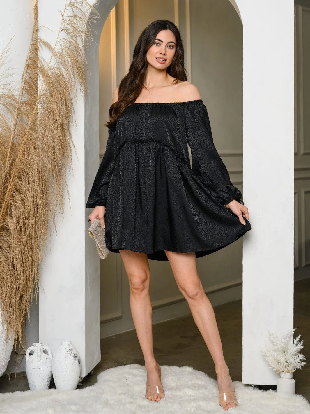 WOMEN'S OFF SHOULDER LONG SLEEVE ELASTIC WAIST MINI DRESS
