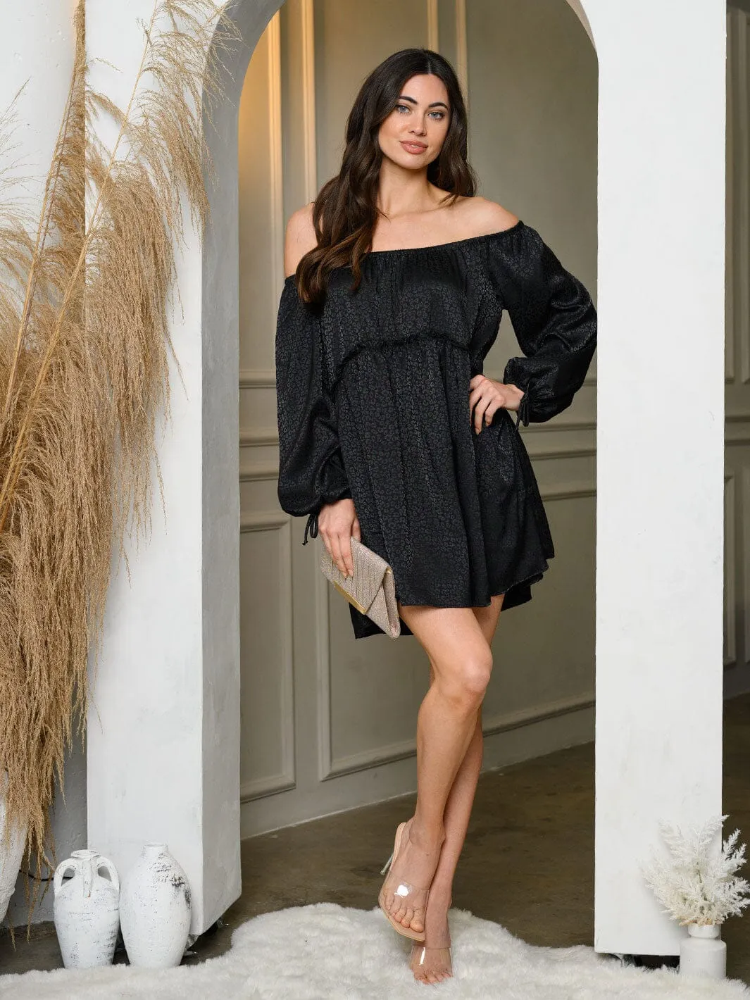WOMEN'S OFF SHOULDER LONG SLEEVE ELASTIC WAIST MINI DRESS