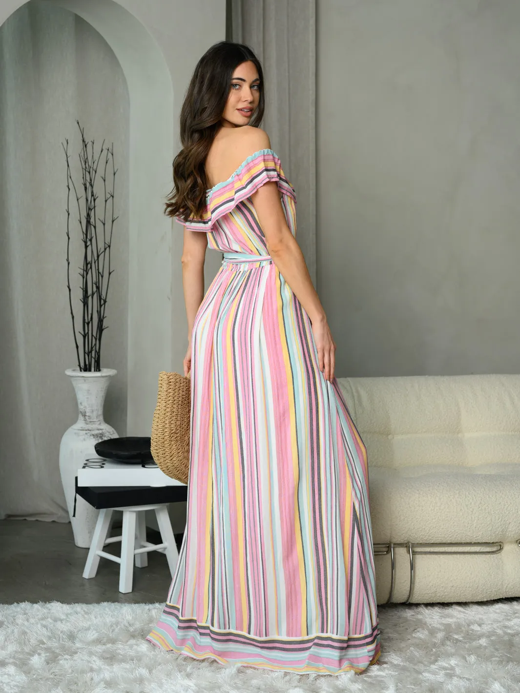 WOMEN'S OFF SHOULDER MULTI COLOR MAXI DRESS