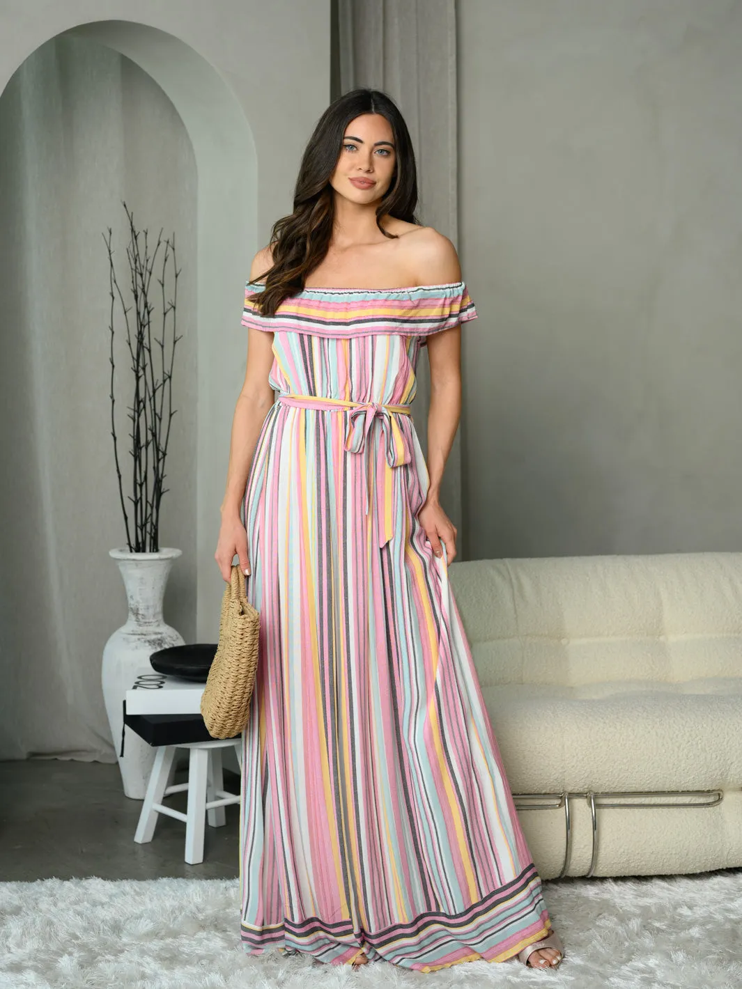 WOMEN'S OFF SHOULDER MULTI COLOR MAXI DRESS