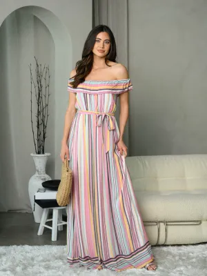 WOMEN'S OFF SHOULDER MULTI COLOR MAXI DRESS