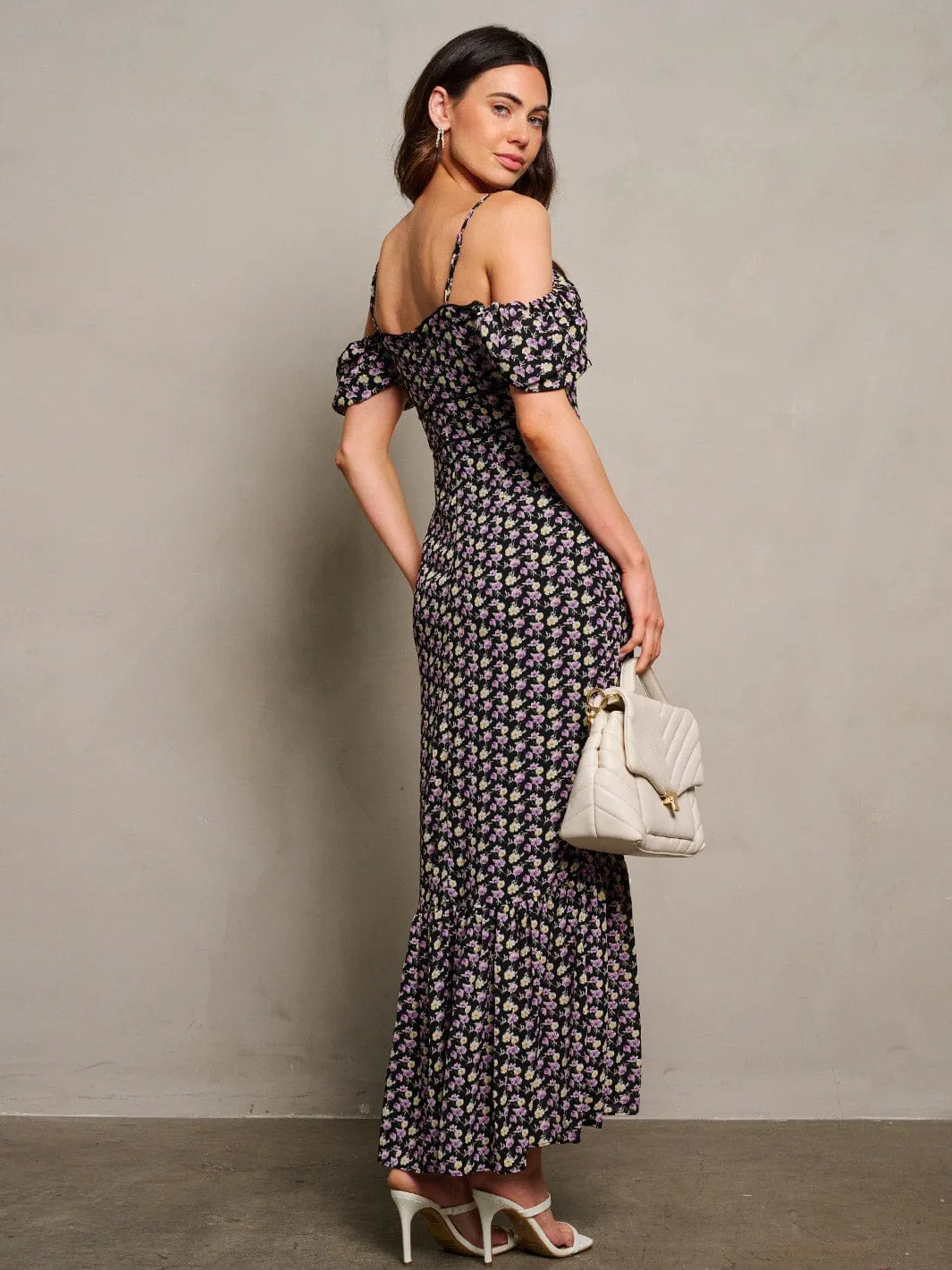 WOMEN'S OFF SHOULDER RUFFLE FLORAL MAXI DRESS