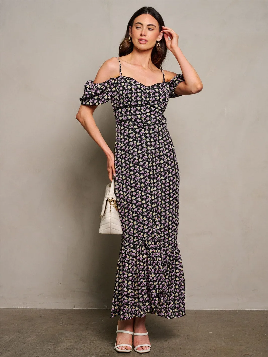 WOMEN'S OFF SHOULDER RUFFLE FLORAL MAXI DRESS