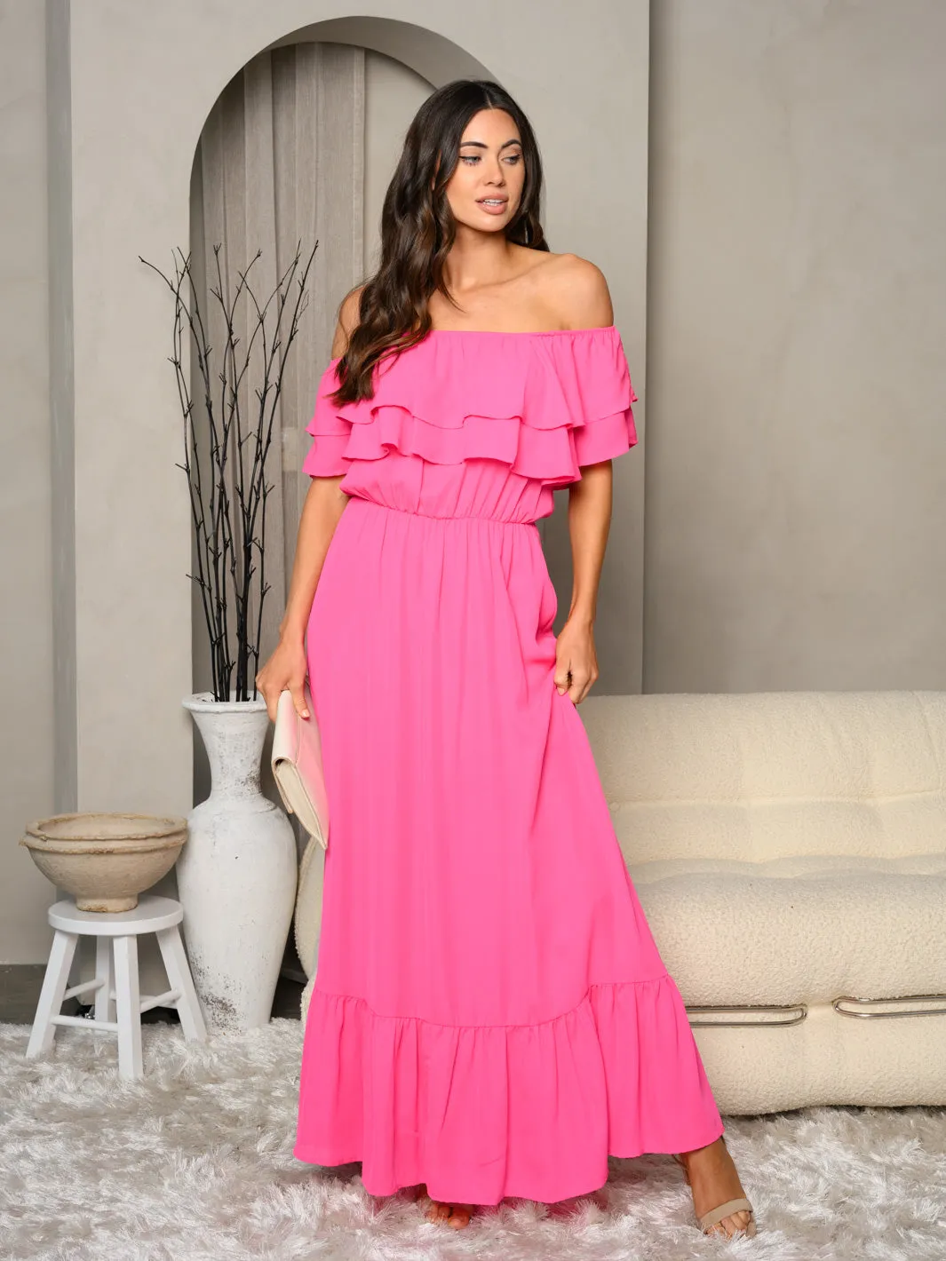 WOMEN'S OFF SHOULDER RUFFLE MAXI DRESS