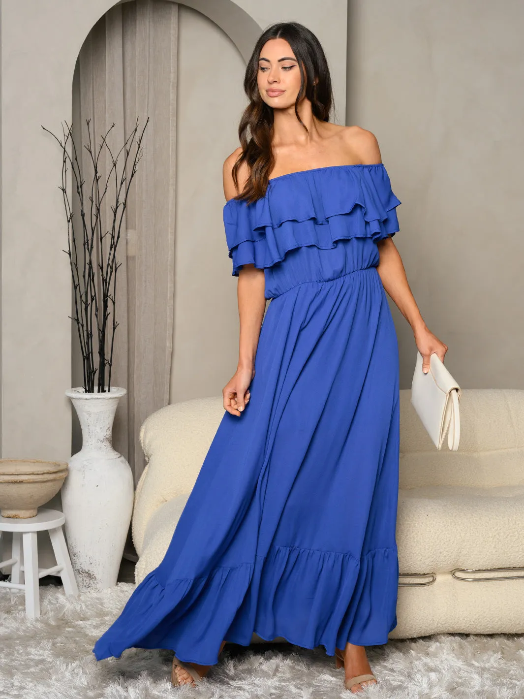 WOMEN'S OFF SHOULDER RUFFLE MAXI DRESS