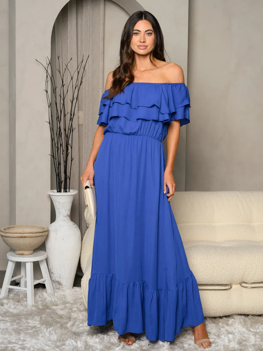 WOMEN'S OFF SHOULDER RUFFLE MAXI DRESS