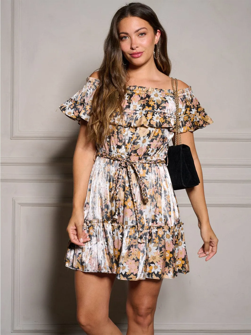 WOMEN'S OFF SHOULDER RUFFLE SELF TIE FLORAL MINI DRESS