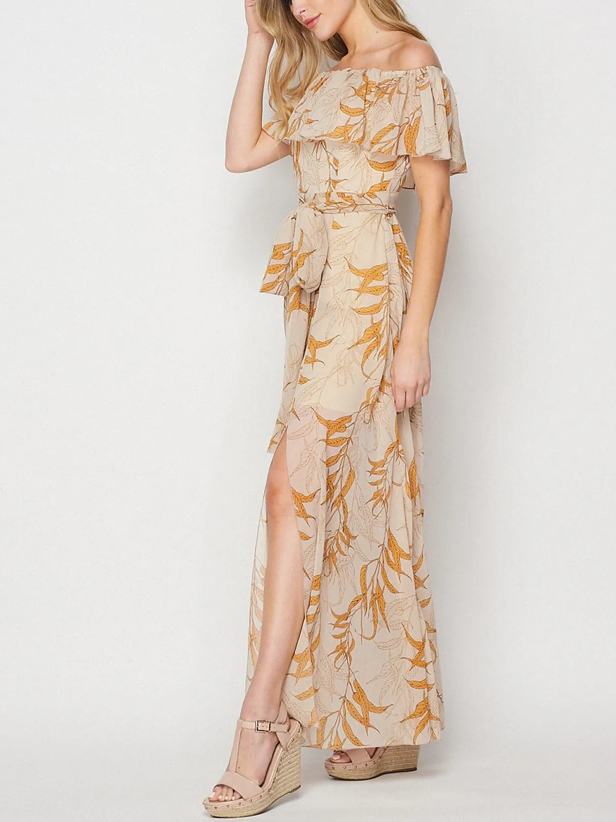 WOMEN'S OFF SHOULDER RUFFLE SELF TIE LEAF PRINT MAXI DRESS