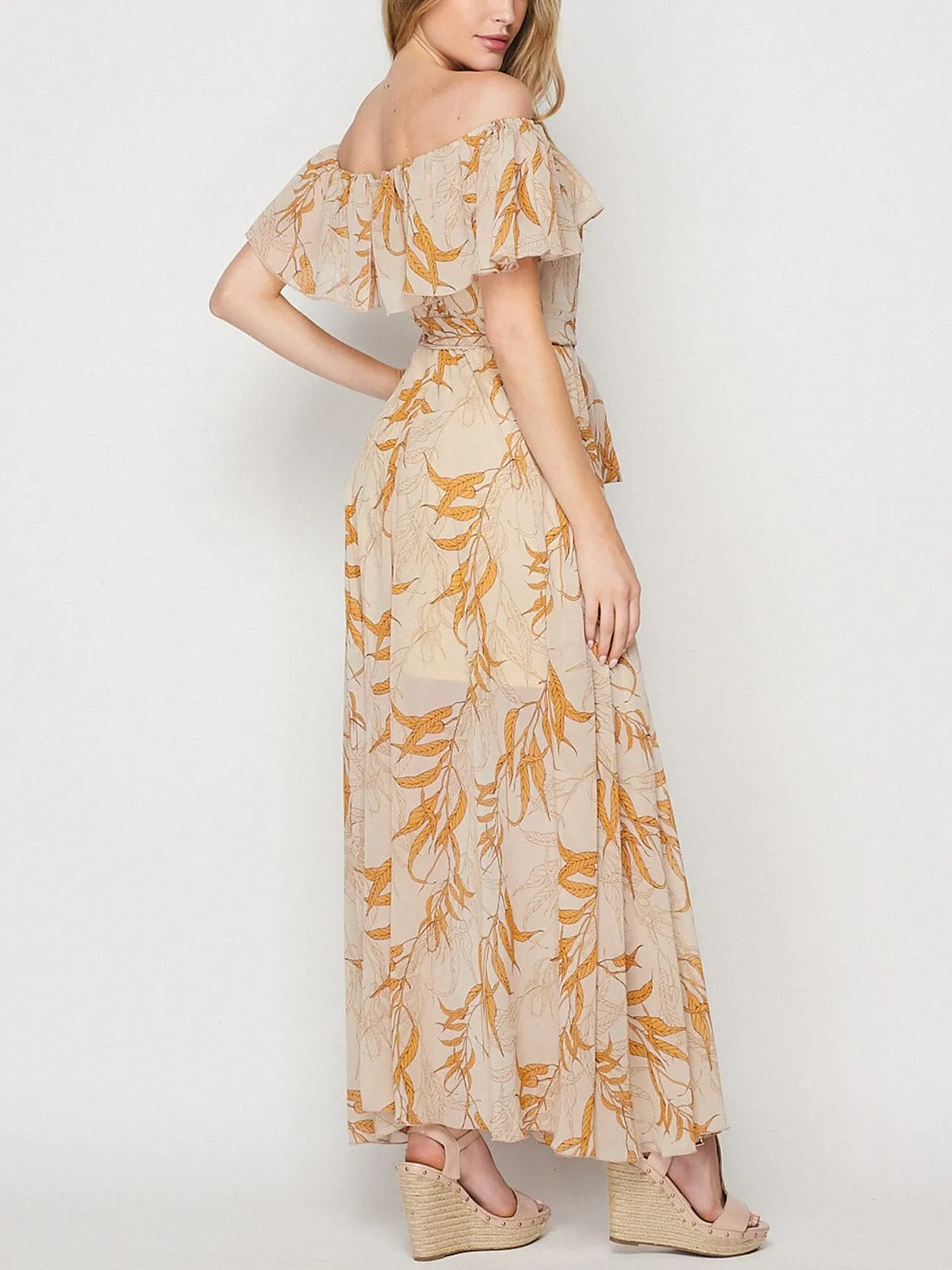 WOMEN'S OFF SHOULDER RUFFLE SELF TIE LEAF PRINT MAXI DRESS