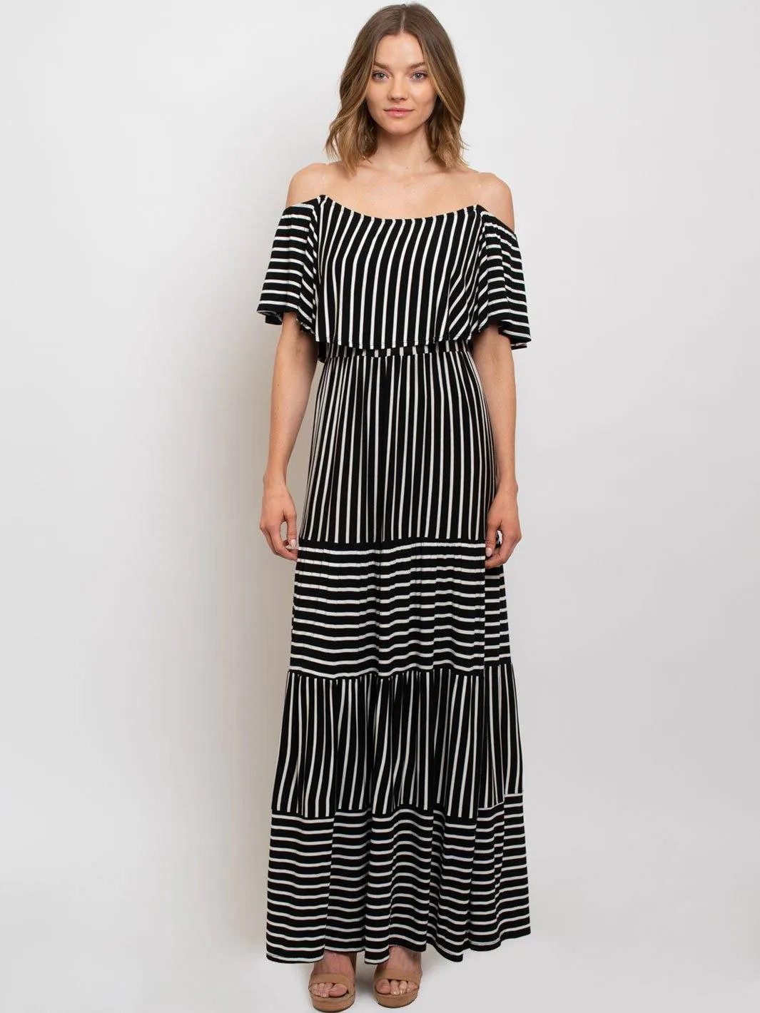 WOMEN'S OFF SHOULDER STRIPED MAXI DRESS