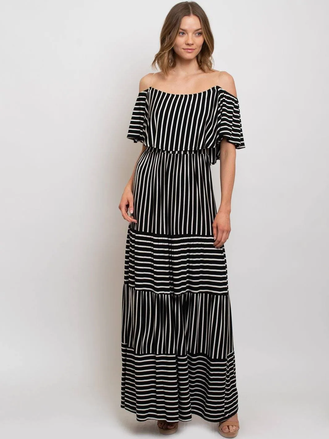 WOMEN'S OFF SHOULDER STRIPED MAXI DRESS