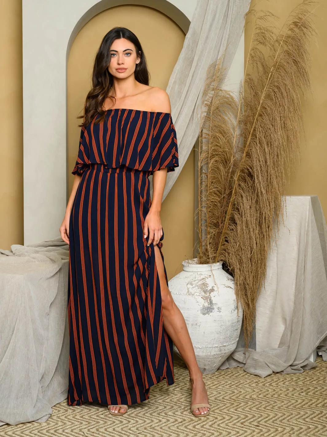 WOMENS OFF SHOULDER STRIPES MAXI DRESS