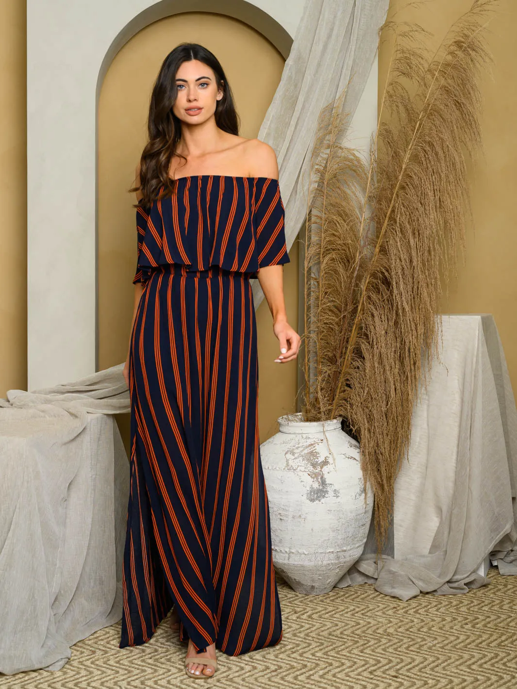 WOMENS OFF SHOULDER STRIPES MAXI DRESS