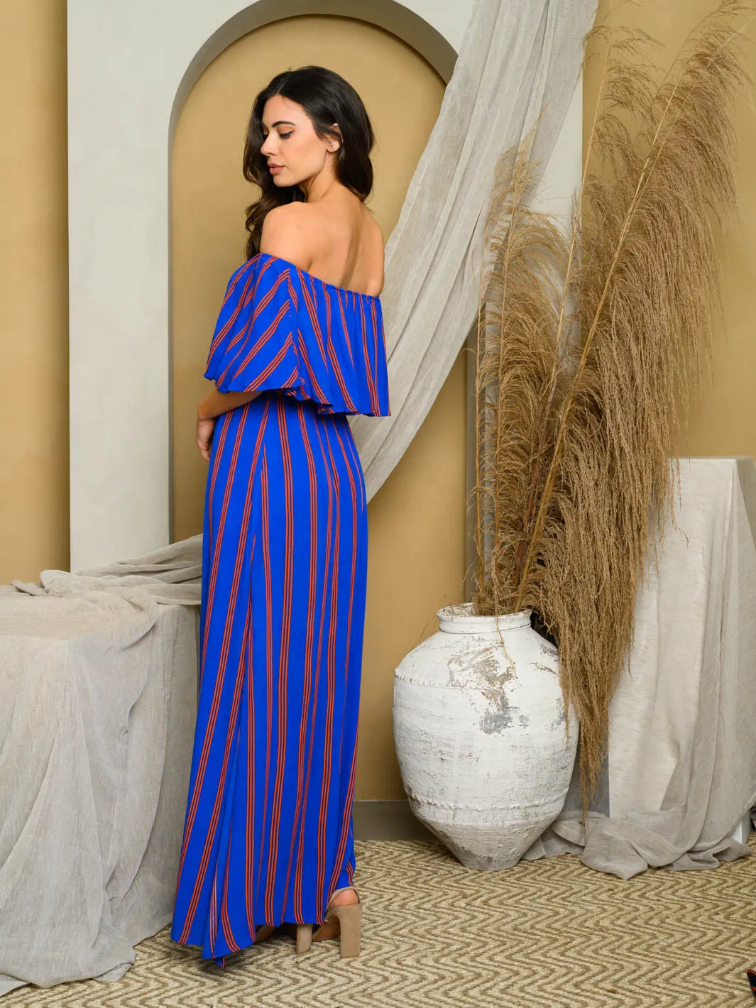 WOMENS OFF SHOULDER STRIPES MAXI DRESS