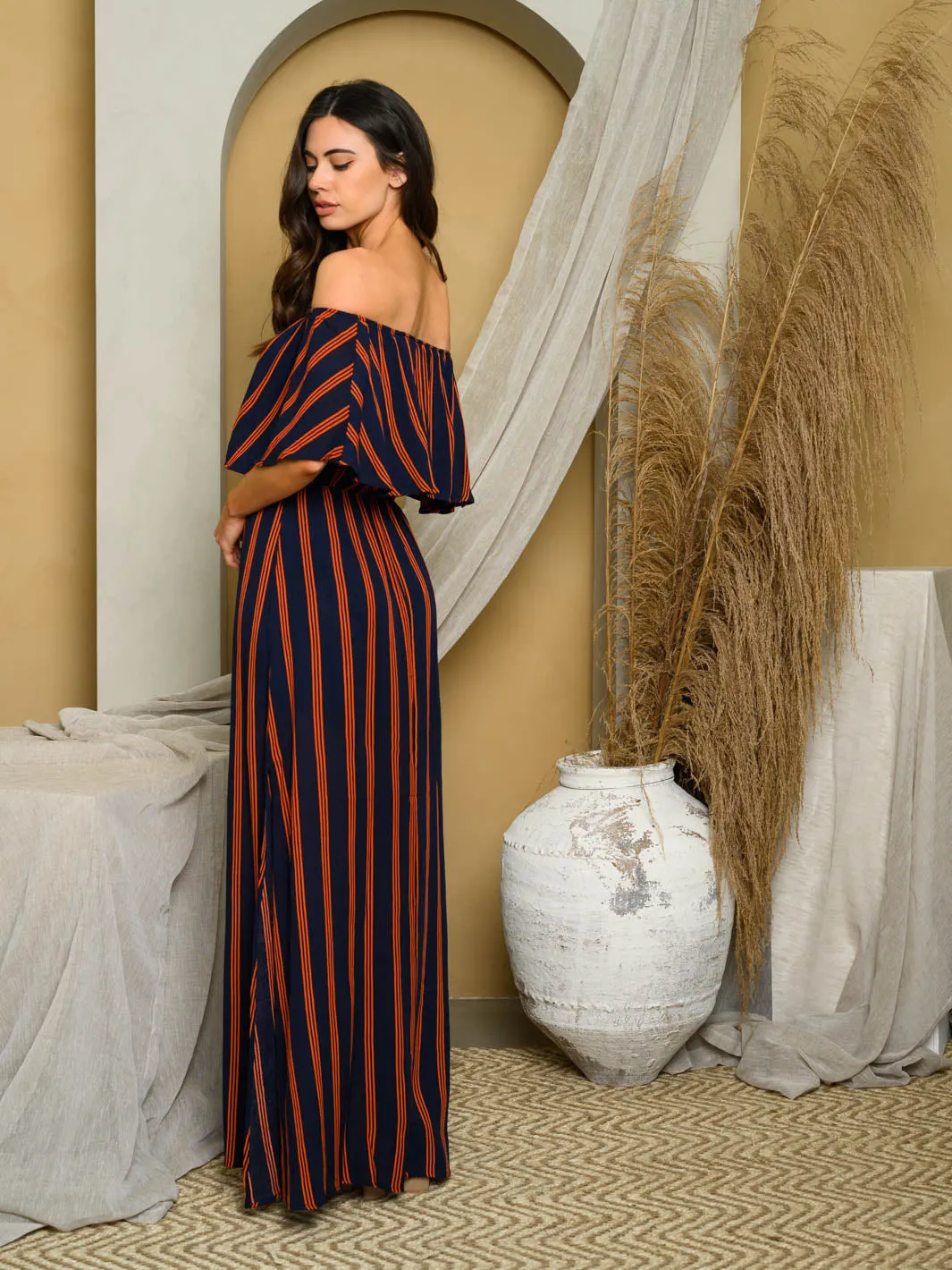 WOMENS OFF SHOULDER STRIPES MAXI DRESS