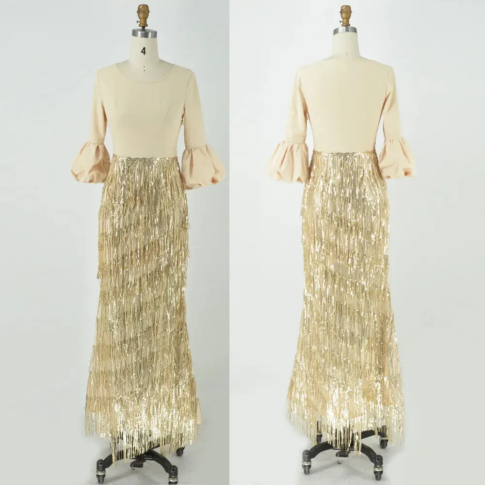 Women's Party Dresses Round Neck Lantern Long Sleeve Tassel Slim Gold Dress
