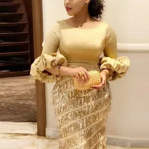Women's Party Dresses Round Neck Lantern Long Sleeve Tassel Slim Gold Dress